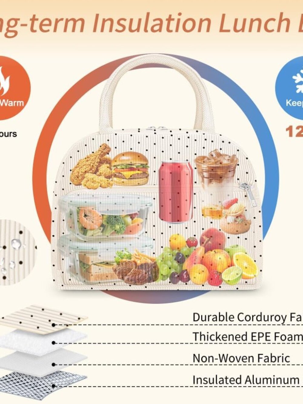 Lunch Bag Lunch Box for Women Men, Reusable Cute Corduroy Lunchbag - Leakproof, - Picture 5 of 9